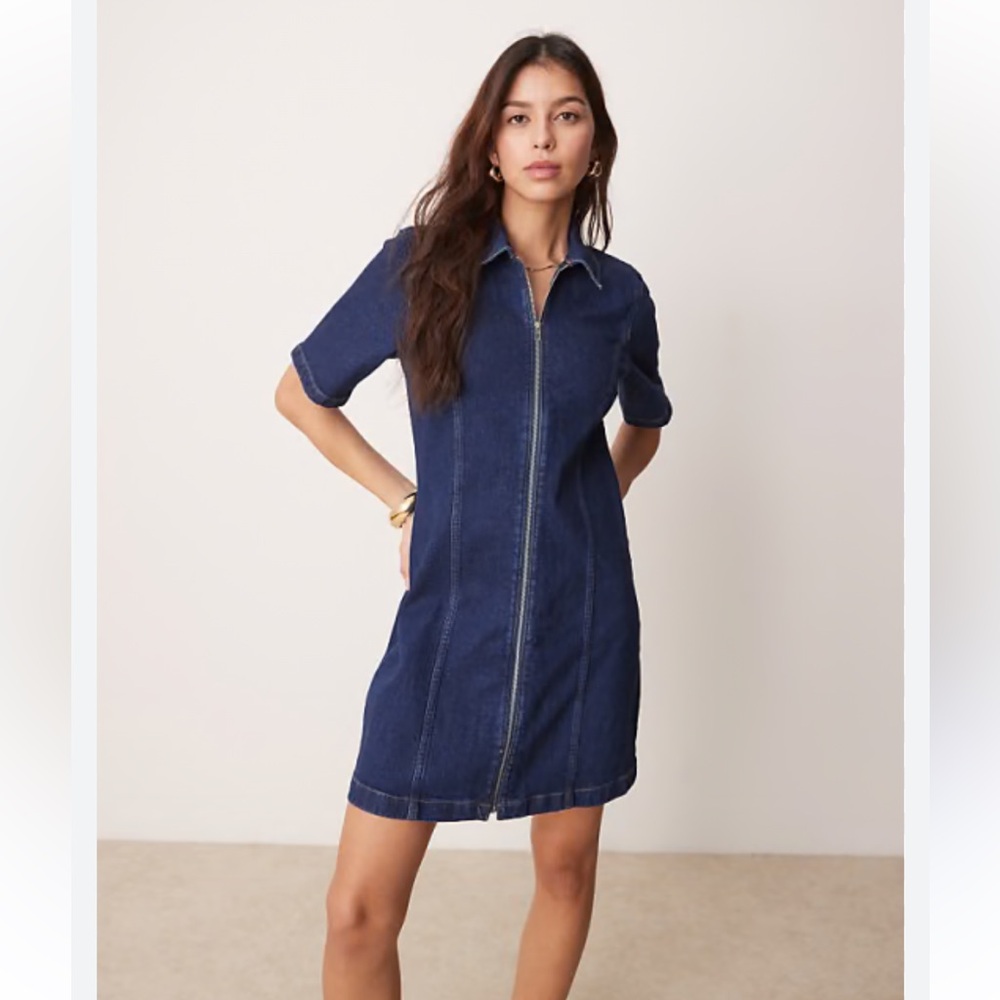 NWT Abercrombie & Fitch Short Sleeve Dark Wash Denim Zip Mini Dress Collar - M